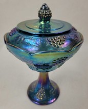 Vtg Indiana Blue Carnival Glass Harvest Grape Footed Compote Candy Dish w/lid  - £27.27 GBP