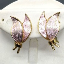 Vintage Coro Leaf Earrings, Gold Tone with Pink Guilloche Enamel Wash - £60.10 GBP