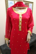 Pakistani  Pink & Gold Chiffon 3-Pieces Suit with Fancy Buttons & Gotta - £70.06 GBP
