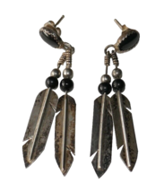 Sterling Silver 925 Black Onyx Drop Feather Earrings - £23.97 GBP
