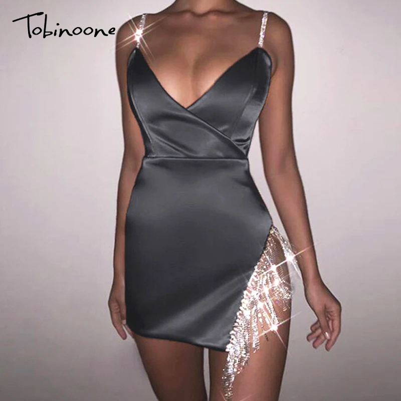 Tobinoone Satin 2021 Summer Rhinestone Christmas Dress Women Backless Bodycon Mi - £54.85 GBP