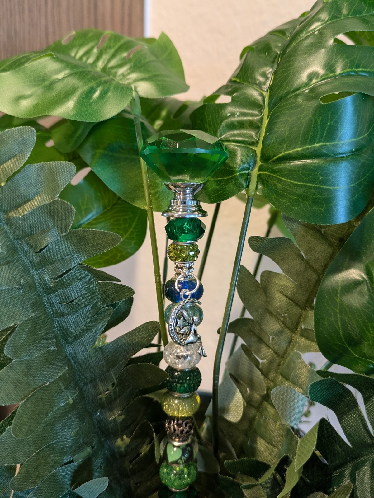 Fairy Garden Stake with Green Crystal Top &amp; Beads Metal Charm  - $15.00