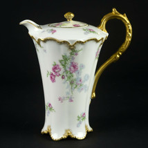 Haviland Limoges Chocolate Pot, Rare Antique France Schleiger 261 Pink Blue Rose - £672.57 GBP