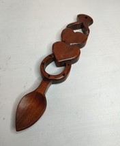 Vtg Welsh Love Spoon Hand Carved Wood Double Heart Brown Horseshoe 7.25&quot;L - $18.70