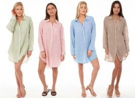 Striped Cotton Linen Shirt Dress Long Sleeve Button Down Tunic Beach Ove... - €35,10 EUR