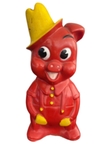 Vintage Vinyl Piggy Bank 10&quot; Red Pig Yellow Hat Farmer 1971 Toy Holmes S... - £26.73 GBP