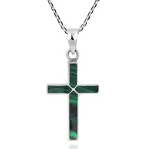 Colorful Cross of Faith Inlaid Green Malachite .925 Sterling Silver Necklace - £23.39 GBP