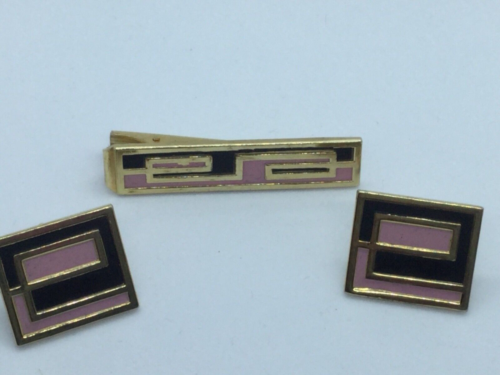 Anson Cufflinks and Tie Bar Set Pink and Black Design Goldtone MCM Vintage - $6.00