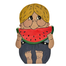 Vintage Handcrafted Folk Art Wood Handpainted Paper Towel Holder Boy Watermelon - £11.47 GBP