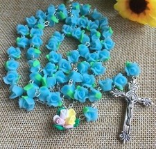 Mothers Day Gift- Catholic ROSARY- BLUE Rose Flower Ceramic bead with a ... - $15.44