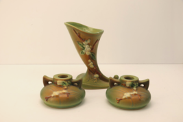 Roseville Pottery Green Snowberry Candlestick Holders and Cornucopia Vase - £79.37 GBP