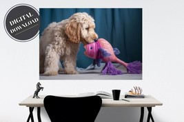 PRINTABLE wall art, Goldendoodle Playing with a Toy Fish #2 | Downloadable - $3.49