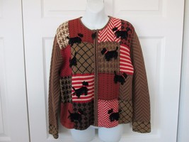 SUSAN BRISTOL Zippered Knit Cardigan Scottie Dog Patchwork Art to Wear M... - £27.48 GBP