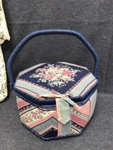 Vintage 1980’s Era Sewing Basket With Blue Patchwork Outside - Solid Blu... - $12.87