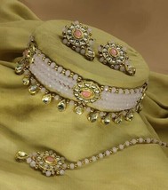 Pink Necklace Earrings Kundan Mang Tikka Tika Jewelry Bollywood Set Choker - £24.24 GBP