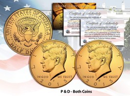 24K Gold Plated 2015 Jfk Kennedy Half Dollar 2-Coin Set * P&D Mint * w/Capsules - $12.16