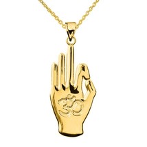 10K Solid Gold Stay Calm OHM Hand Sign Yoga Symbol Pendant Necklace - £133.47 GBP+