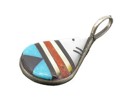 ZUNI 925 Silver  Vintage Turquoise Mother Of Pearl &amp; Coral Pendant  PT18143 - $62.09