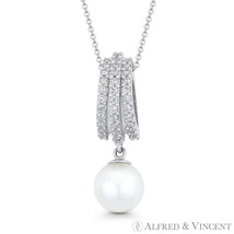 Dangling 7mm (1/4&quot;) Freshwater White Pearl CZ Crystal Pendant in 14k White Gold - £143.51 GBP+