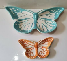 2 Butterfly Shaped Ceramic Plates Trays Turquois Orange White 13&quot; / 6&#39;&#39; ... - $25.84
