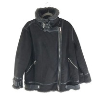 Zara Womens Double Faced Biker Jacket Faux Fur Lined Faux Suede Black XL - £45.85 GBP