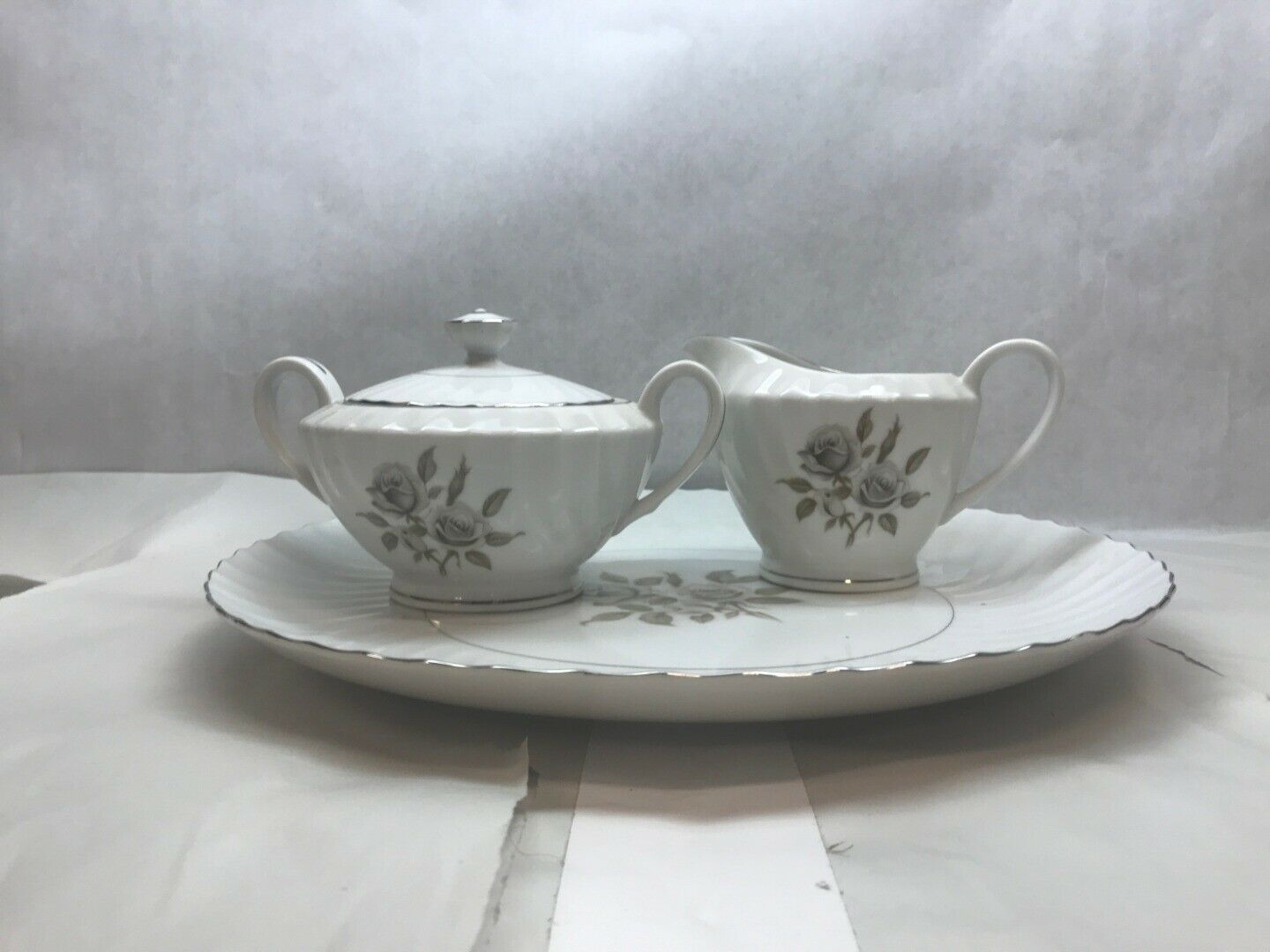 Primary image for Vintage SET of WAVERLY JAPAN Sugar, CREAMER, Platter White with Beige Flowers