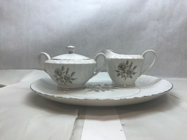 Vintage Set Of Waverly Japan Sugar, Creamer, Platter White With Beige Flowers - £13.62 GBP