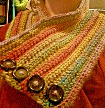 Chunky Button cowl in fall colors (Orange Green, Yellows) Hand Crocheted - £10.67 GBP