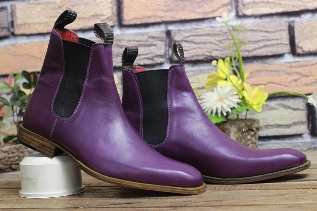 Mens Handmade Stylish Formal Boot, Purple Leather Ankle High Dress & Casual