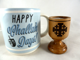 Happy Challah Days Coffee Mug Applesauce Latkes Hanukkah + wooden cande ... - $15.24