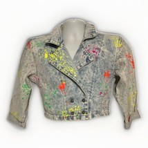 Vintage Neon Paint Splatter Cropped Denim Jean Jacket Size 11 Made In USA  - $35.70