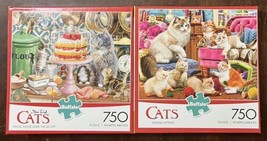 2x Buffalo 750 Pc CATS Puzzles: SEWING KITTENS &amp; PLEASE LEAVE THE LID OF... - £18.16 GBP