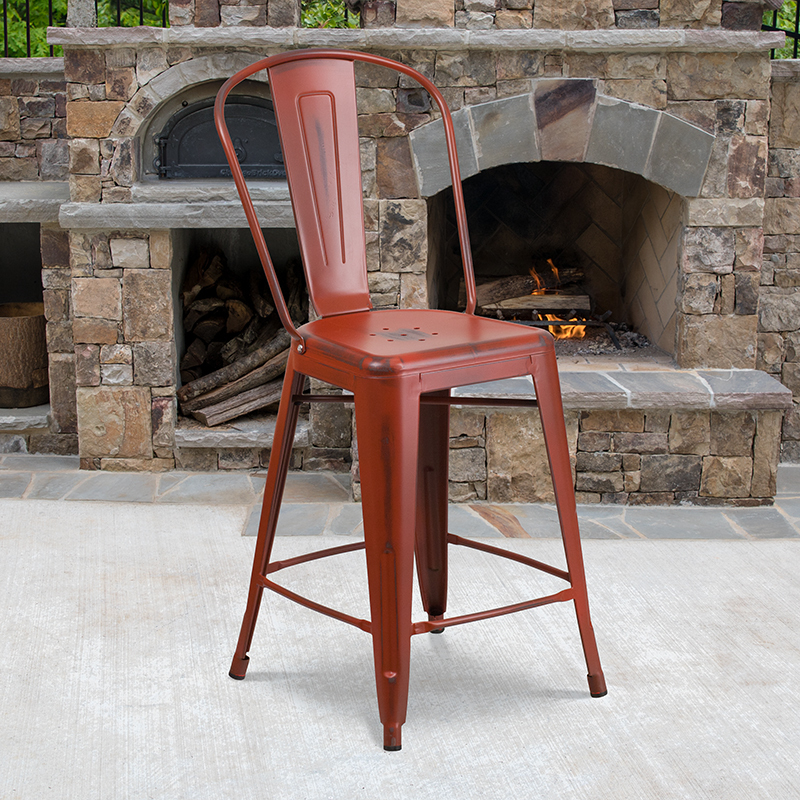 Distressed Red Metal Stool ET-3534-24-RD-GG