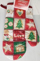 1 Printed Kitchen Oven Mitt (11&quot;) Christmas Theme Patchwork Squares, Red Back,Am - £6.25 GBP