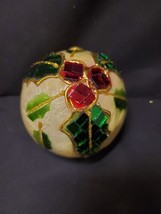 Christmas Ornament Holly Leaf Mirrored Glass Gold Accents Ball - £9.01 GBP