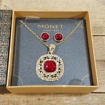 Gold Tone Ruby Colored Monet Brand New Jewelry &amp; Earrings - £22.90 GBP