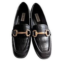 Steve Madden Black Faux Leather Croc Gold Metal Horsebit Loafer Flats Size 8 New - £22.94 GBP