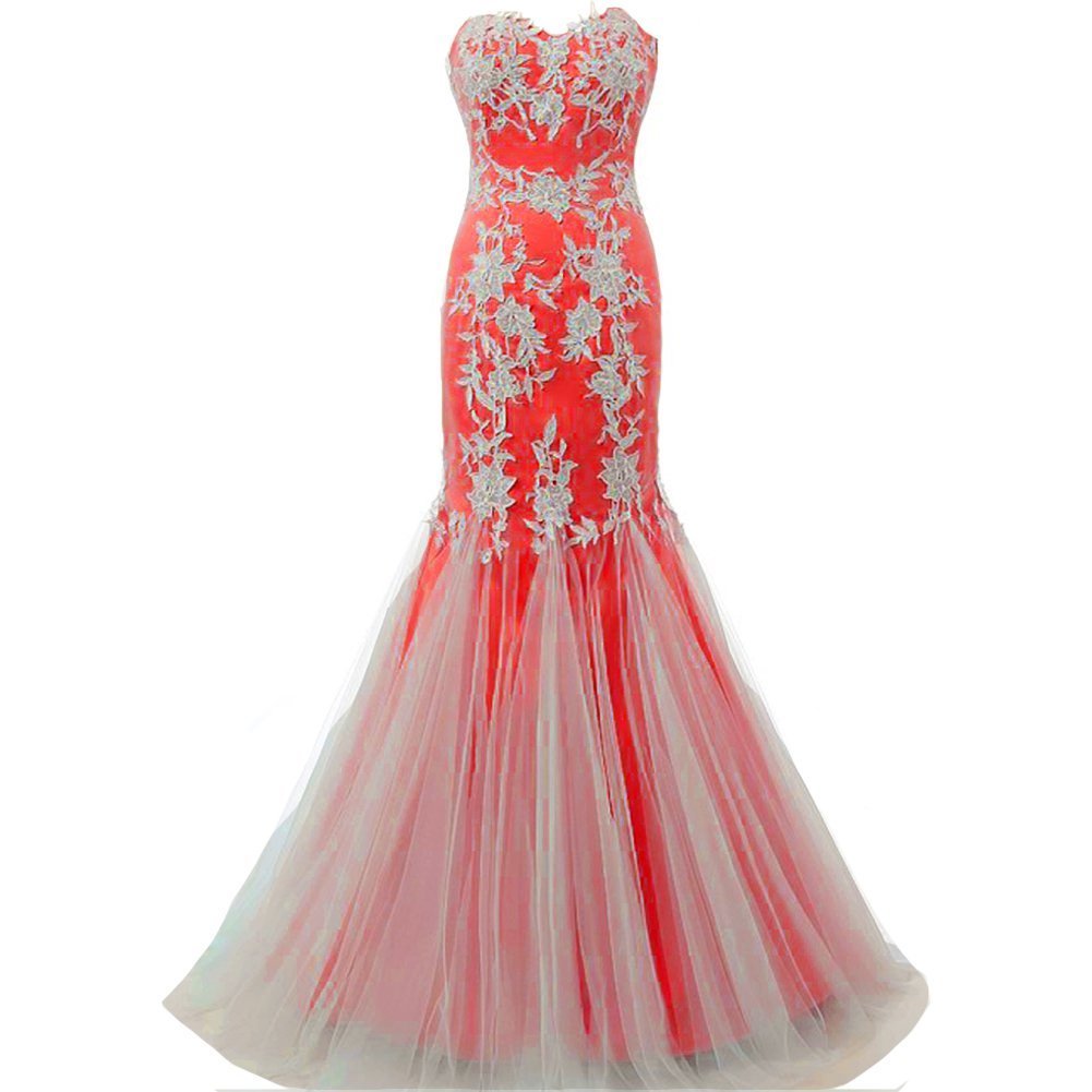 Kivary Mermaid Long White Lace Tulle Corset Back Formal Prom Evening Dresses Red