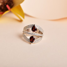 925 Sterling Silver Cubic Zirconia with Red Garnet Decor Ring - £175.02 GBP