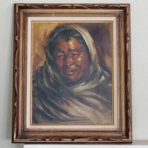 Vintage Oil Painting Woman w/ Scarf Wood Framed 20x24&quot; FOLK ART - £39.66 GBP