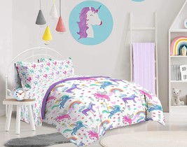 Kids Bedding Set Unicorn Rainbow 4-Piece Twin Bed Comforter Sheets Microfiber - £69.07 GBP