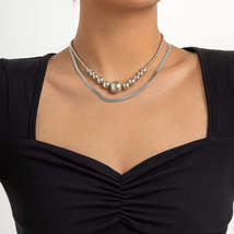 Silver-Plated Bead &amp; Herringbone Chain Necklace Set - £11.78 GBP