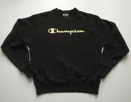 Champion Reverse Weave Crew Neck Sweatshirt Black Gold Spellout Sz Medium - £16.54 GBP