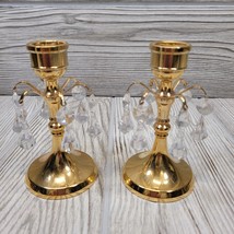2 Taper Candle Holders 24K Gold Plated Crystal Hanging Crystals Sweden - £27.96 GBP