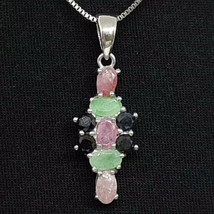 1.75ctw Natural Ruby, Emerald &amp; Sapphire 925 Sterling Silver Pendant - £62.02 GBP
