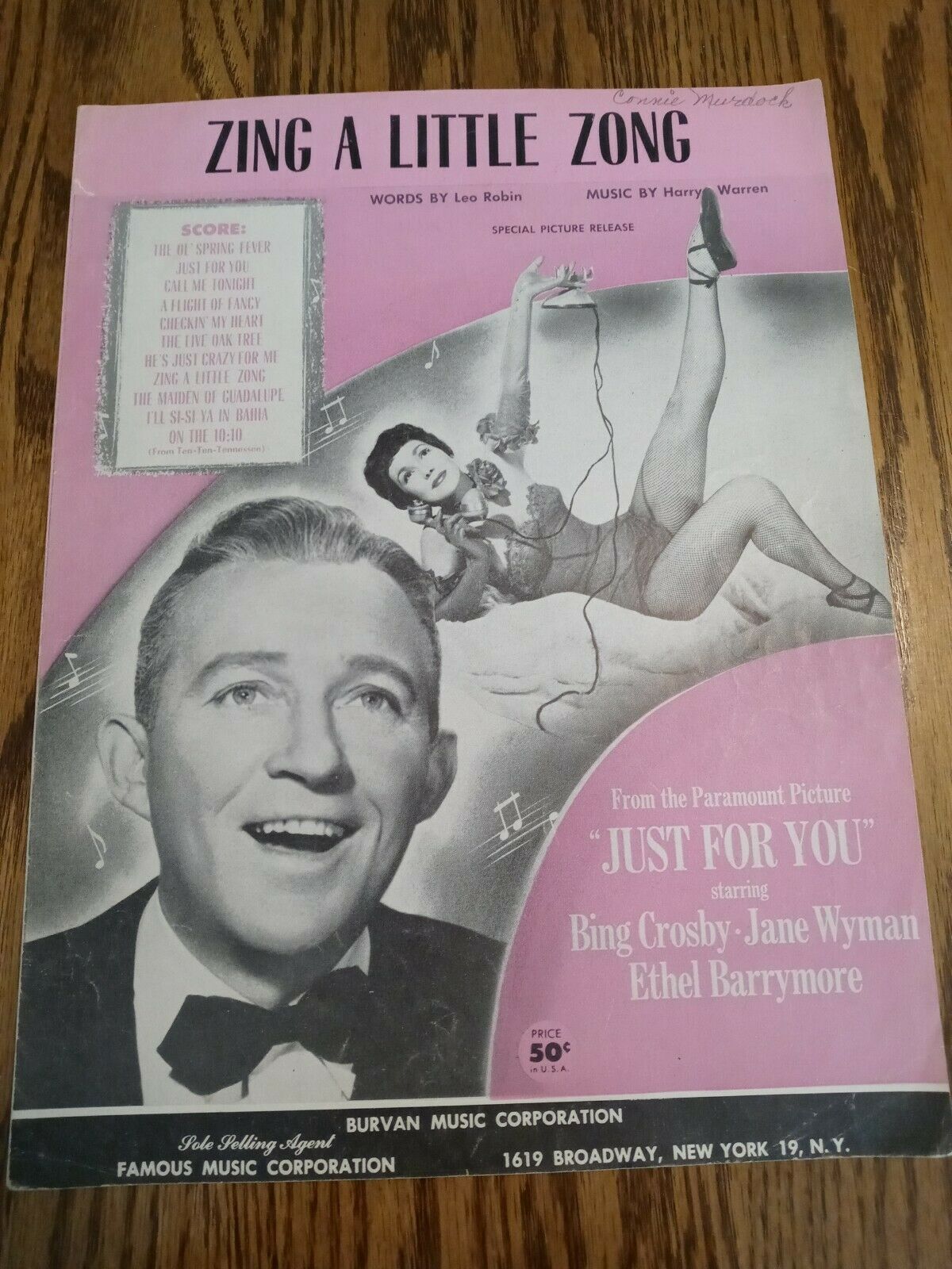 JUST FOR YOU Sheet Music &quot;Zing A Little Zong&quot; Bing Crosby Jane Wyman - $18.69