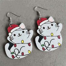 Red Wood &amp; Silver-Plated Santa Hat Cat Drop Earrings - £11.08 GBP