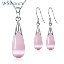 MOONROCY Silver Color Jewelry Set Waterdrop Pink Opal Necklace and Earrings Vint - £11.18 GBP