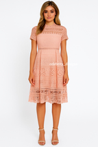 Women&#39;s Short Sleeve Cotton Crochet Lace Skater Dress in Rose Pink 14 AU... - $49.99