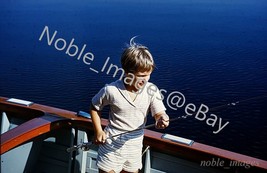 1960 Cute Girl Fishing Off Boat Glass Covered Kodachrome Color Slide - £2.71 GBP